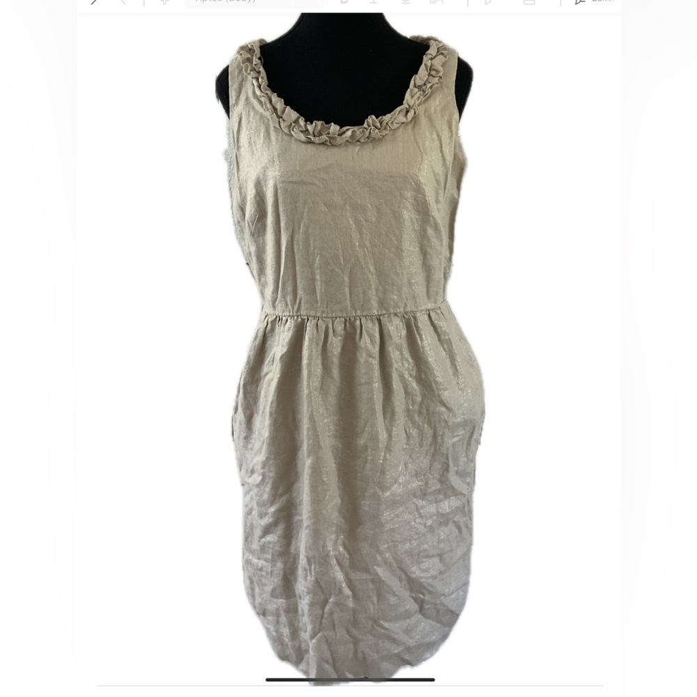 Liz Claiborne Metallic Beige Linen dress with floral neckline .